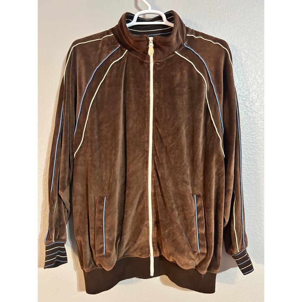 Koman New York Mens XL Brown Velour Track Jacket Full Zip Blue Piping #497